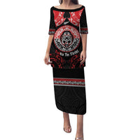 Aotearoa Toitu Te Tiriti Puletasi Haka Tiki Honour The Treaty LT14 Long Dress Black - Polynesian Pride