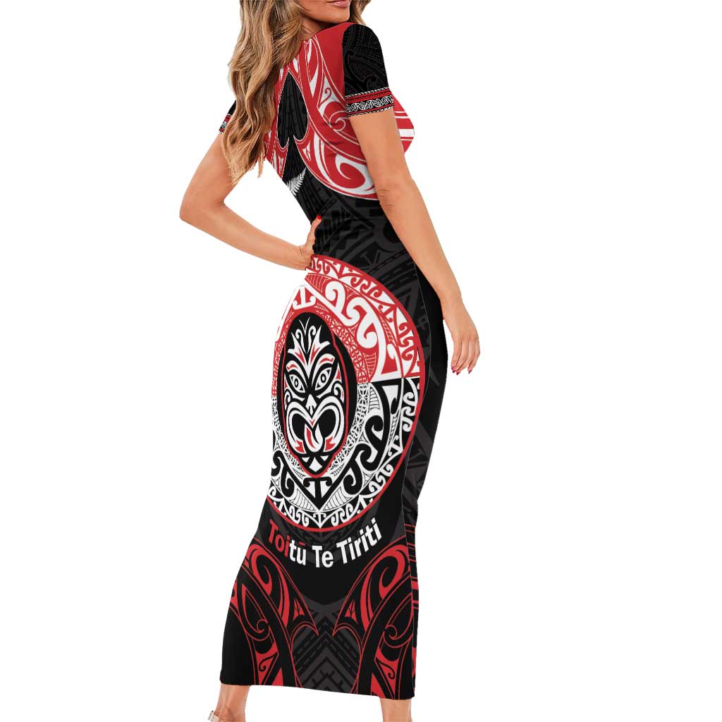 Aotearoa Toitu Te Tiriti Short Sleeve Bodycon Dress Haka Tiki Honour The Treaty LT14 - Polynesian Pride