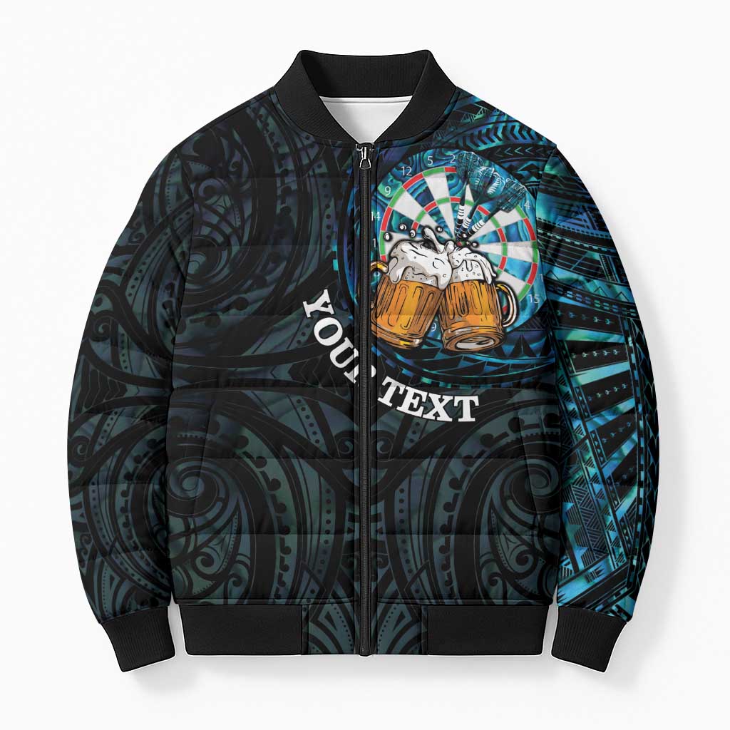 Personalized New Zealand Darts Beer Bomber Puffer Jacket Paua Shell Aotearoa Maori Tattoo LT14 Unisex Black - Polynesian Pride