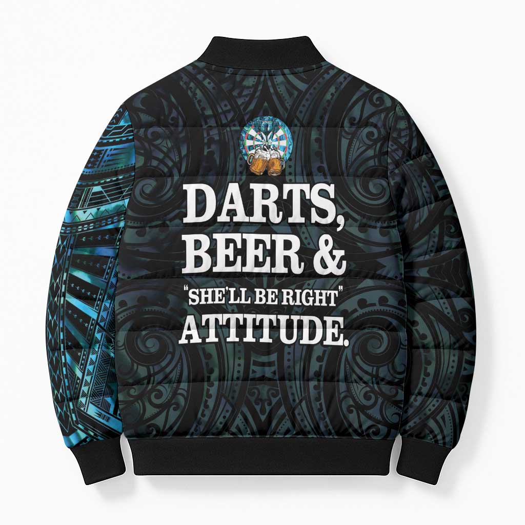 Personalized New Zealand Darts Beer Bomber Puffer Jacket Paua Shell Aotearoa Maori Tattoo LT14 - Polynesian Pride