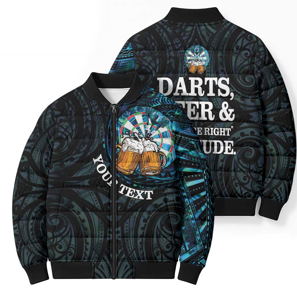 Personalized New Zealand Darts Beer Bomber Puffer Jacket Paua Shell Aotearoa Maori Tattoo LT14 - Polynesian Pride