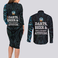 Personalized New Zealand Darts Beer Couples Matching Long Sleeve Bodycon Dress and Long Sleeve Button Shirt Paua Shell Aotearoa Maori Tattoo LT14 - Polynesian Pride