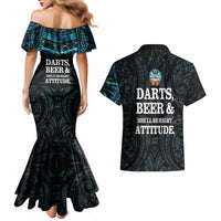 Personalized New Zealand Darts Beer Couples Matching Mermaid Dress and Hawaiian Shirt Paua Shell Aotearoa Maori Tattoo LT14 - Polynesian Pride