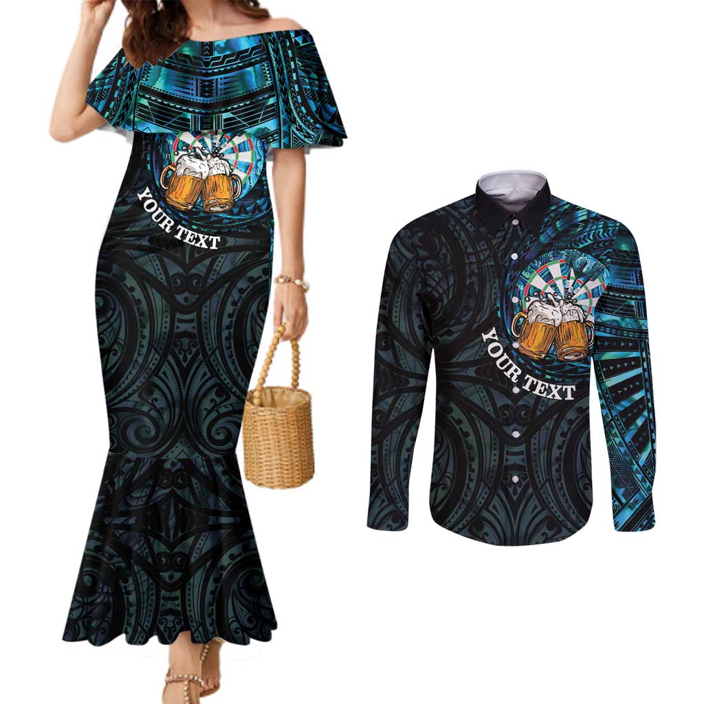 Personalized New Zealand Darts Beer Couples Matching Mermaid Dress and Long Sleeve Button Shirt Paua Shell Aotearoa Maori Tattoo - Polynesian Pride