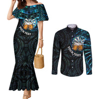 Personalized New Zealand Darts Beer Couples Matching Mermaid Dress and Long Sleeve Button Shirt Paua Shell Aotearoa Maori Tattoo LT14 Black - Polynesian Pride