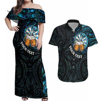 Personalized New Zealand Darts Beer Couples Matching Off Shoulder Maxi Dress and Hawaiian Shirt Paua Shell Aotearoa Maori Tattoo LT14 Black - Polynesian Pride
