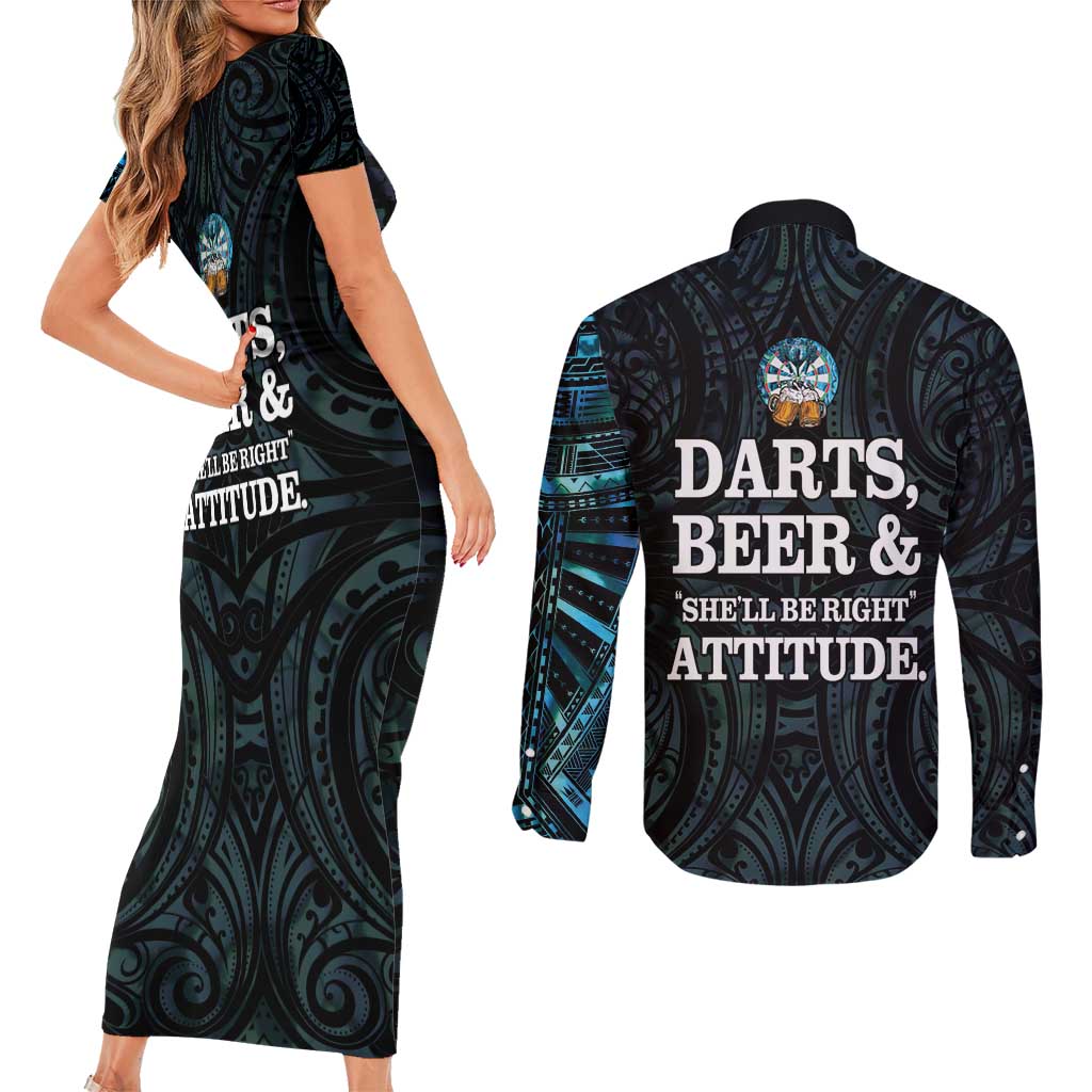 Personalized New Zealand Darts Beer Couples Matching Short Sleeve Bodycon Dress and Long Sleeve Button Shirt Paua Shell Aotearoa Maori Tattoo LT14 - Polynesian Pride