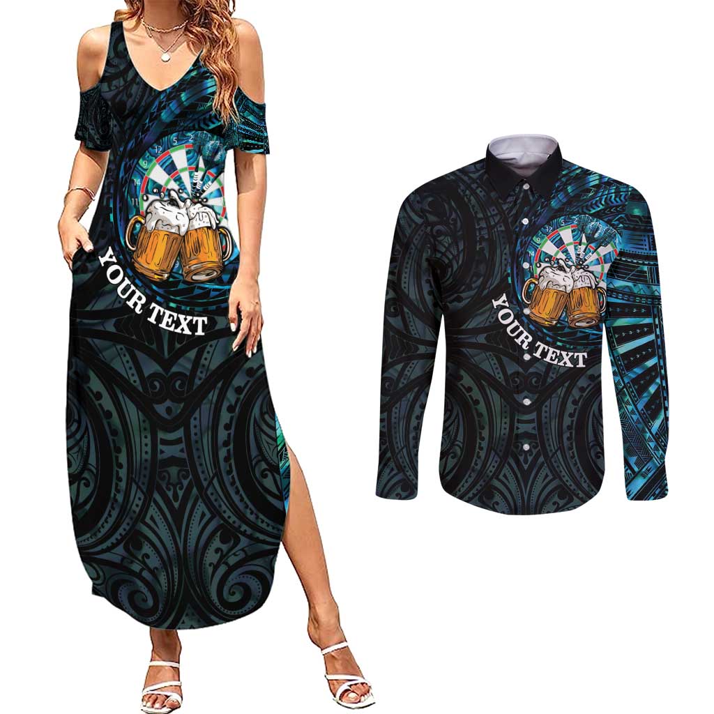 Personalized New Zealand Darts Beer Couples Matching Summer Maxi Dress and Long Sleeve Button Shirt Paua Shell Aotearoa Maori Tattoo LT14 Black - Polynesian Pride