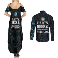 Personalized New Zealand Darts Beer Couples Matching Summer Maxi Dress and Long Sleeve Button Shirt Paua Shell Aotearoa Maori Tattoo LT14 - Polynesian Pride