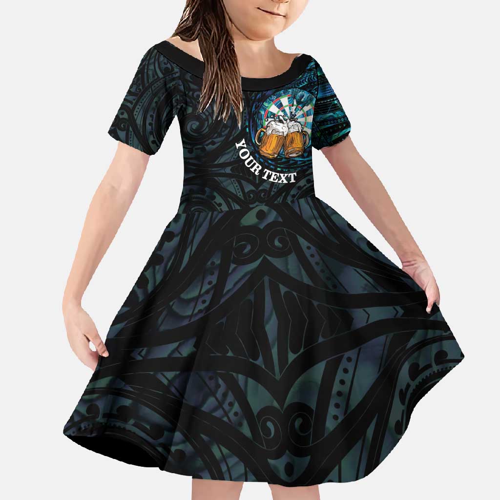 Personalized New Zealand Darts Beer Family Matching Long Sleeve Bodycon Dress and Hawaiian Shirt Paua Shell Aotearoa Maori Tattoo LT14 Daughter's Dress Black - Polynesian Pride