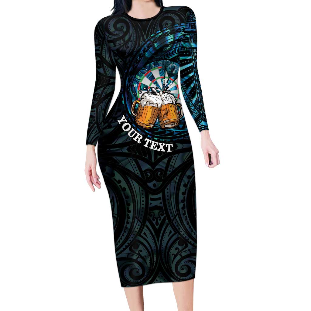 Personalized New Zealand Darts Beer Family Matching Long Sleeve Bodycon Dress and Hawaiian Shirt Paua Shell Aotearoa Maori Tattoo LT14 Mom's Dress Black - Polynesian Pride