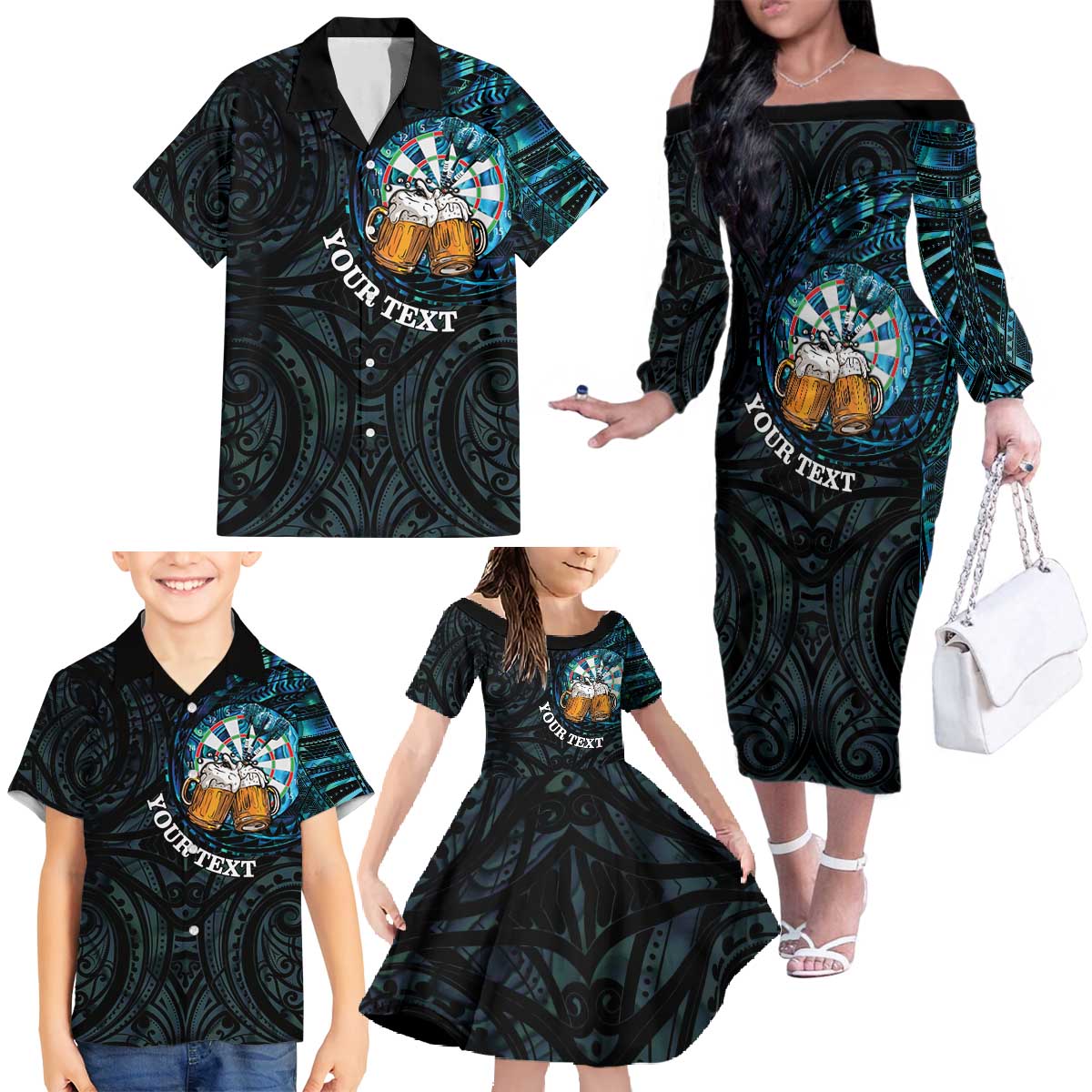 Personalized New Zealand Darts Beer Family Matching Off The Shoulder Long Sleeve Dress and Hawaiian Shirt Paua Shell Aotearoa Maori Tattoo LT14 - Polynesian Pride