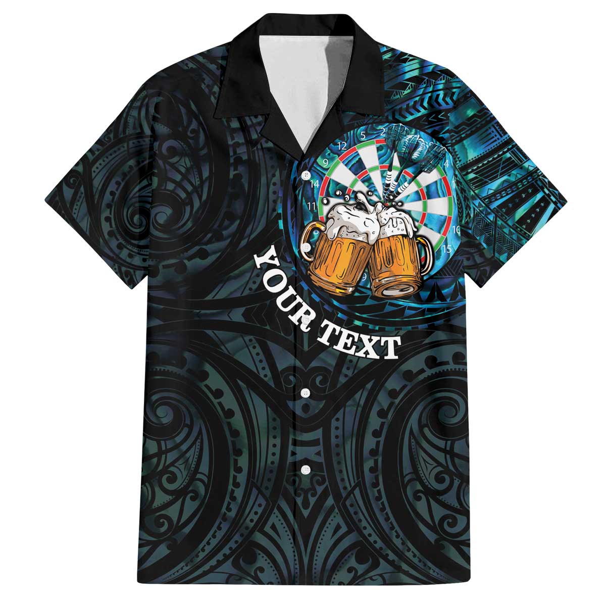 Personalized New Zealand Darts Beer Family Matching Off The Shoulder Long Sleeve Dress and Hawaiian Shirt Paua Shell Aotearoa Maori Tattoo LT14 Dad's Shirt - Short Sleeve Black - Polynesian Pride