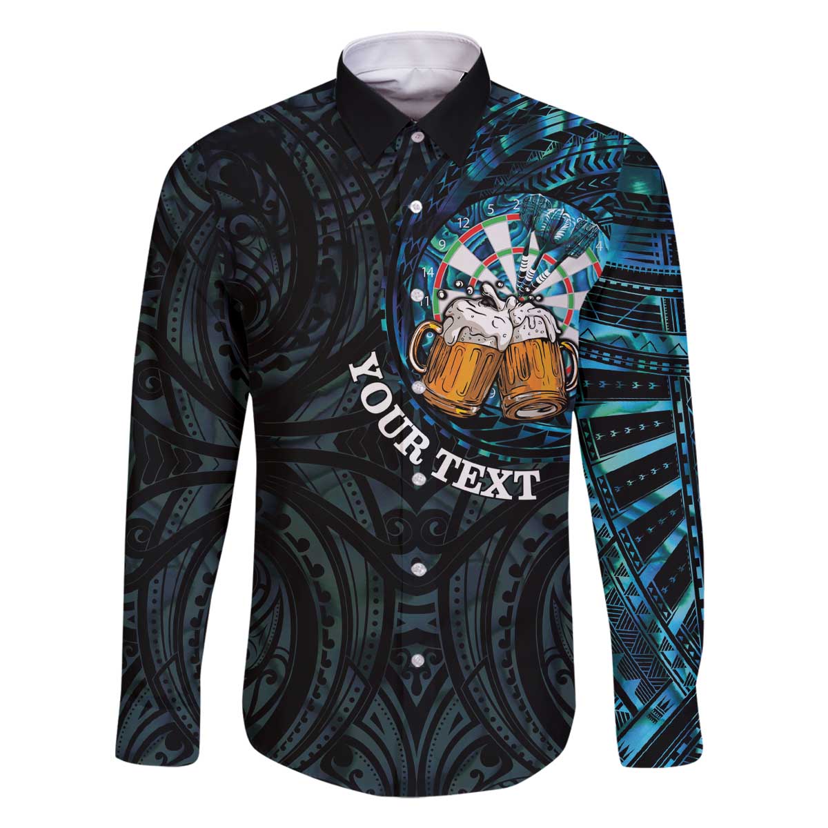 Personalized New Zealand Darts Beer Family Matching Off The Shoulder Long Sleeve Dress and Hawaiian Shirt Paua Shell Aotearoa Maori Tattoo LT14 Dad's Shirt - Long Sleeve Black - Polynesian Pride