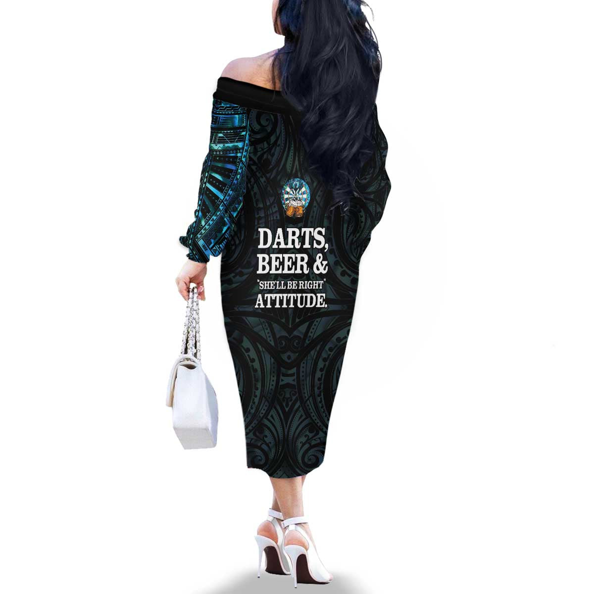 Personalized New Zealand Darts Beer Family Matching Off The Shoulder Long Sleeve Dress and Hawaiian Shirt Paua Shell Aotearoa Maori Tattoo LT14 - Polynesian Pride
