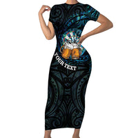 Personalized New Zealand Darts Beer Family Matching Short Sleeve Bodycon Dress and Hawaiian Shirt Paua Shell Aotearoa Maori Tattoo LT14 Mom's Dress Black - Polynesian Pride