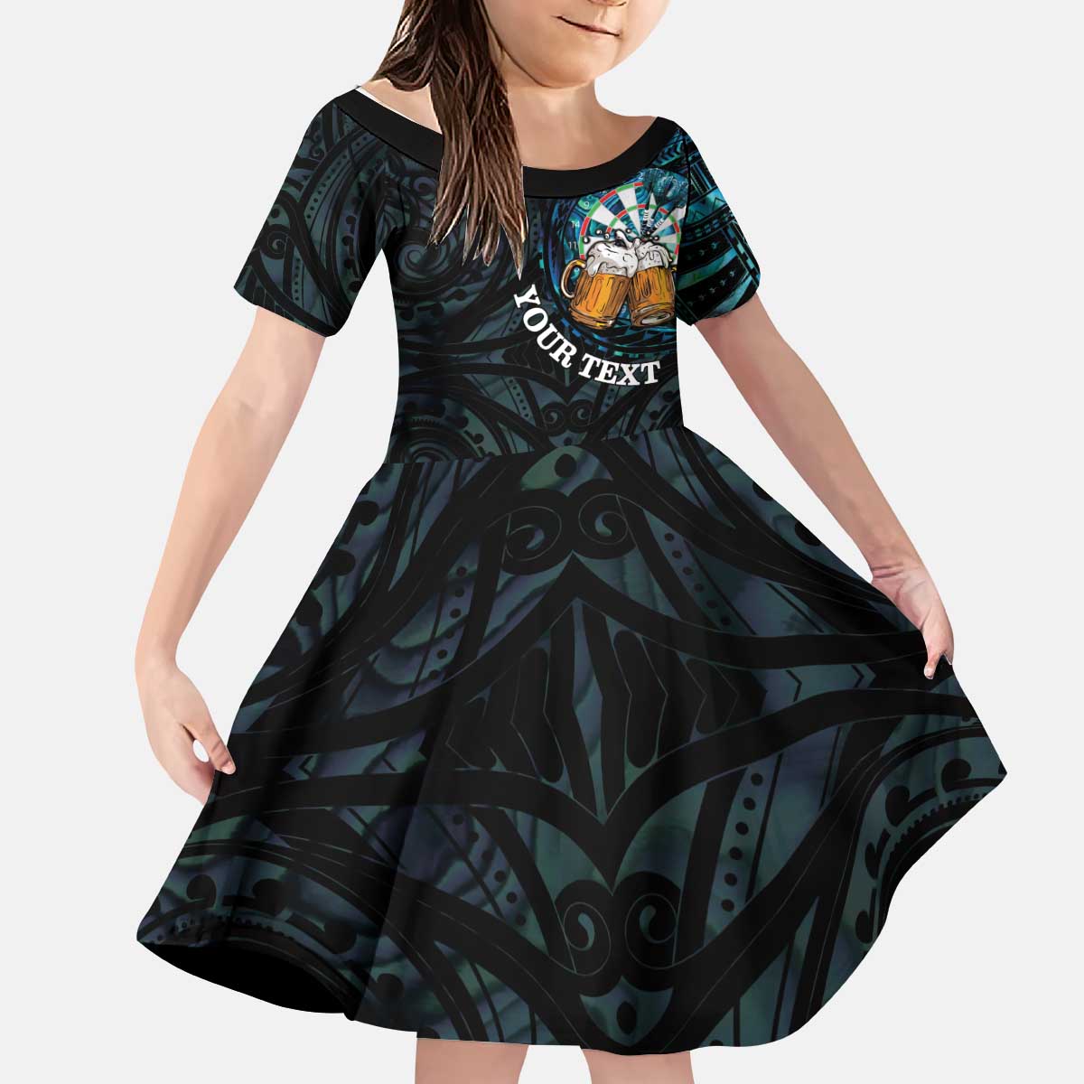 Personalized New Zealand Darts Beer Kid Short Sleeve Dress Paua Shell Aotearoa Maori Tattoo LT14 KID Black - Polynesian Pride