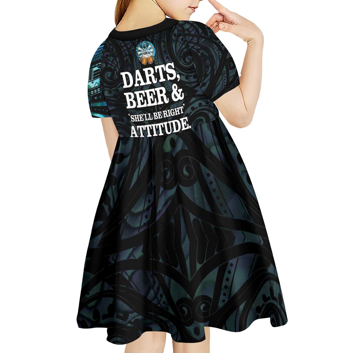 Personalized New Zealand Darts Beer Kid Short Sleeve Dress Paua Shell Aotearoa Maori Tattoo LT14 - Polynesian Pride