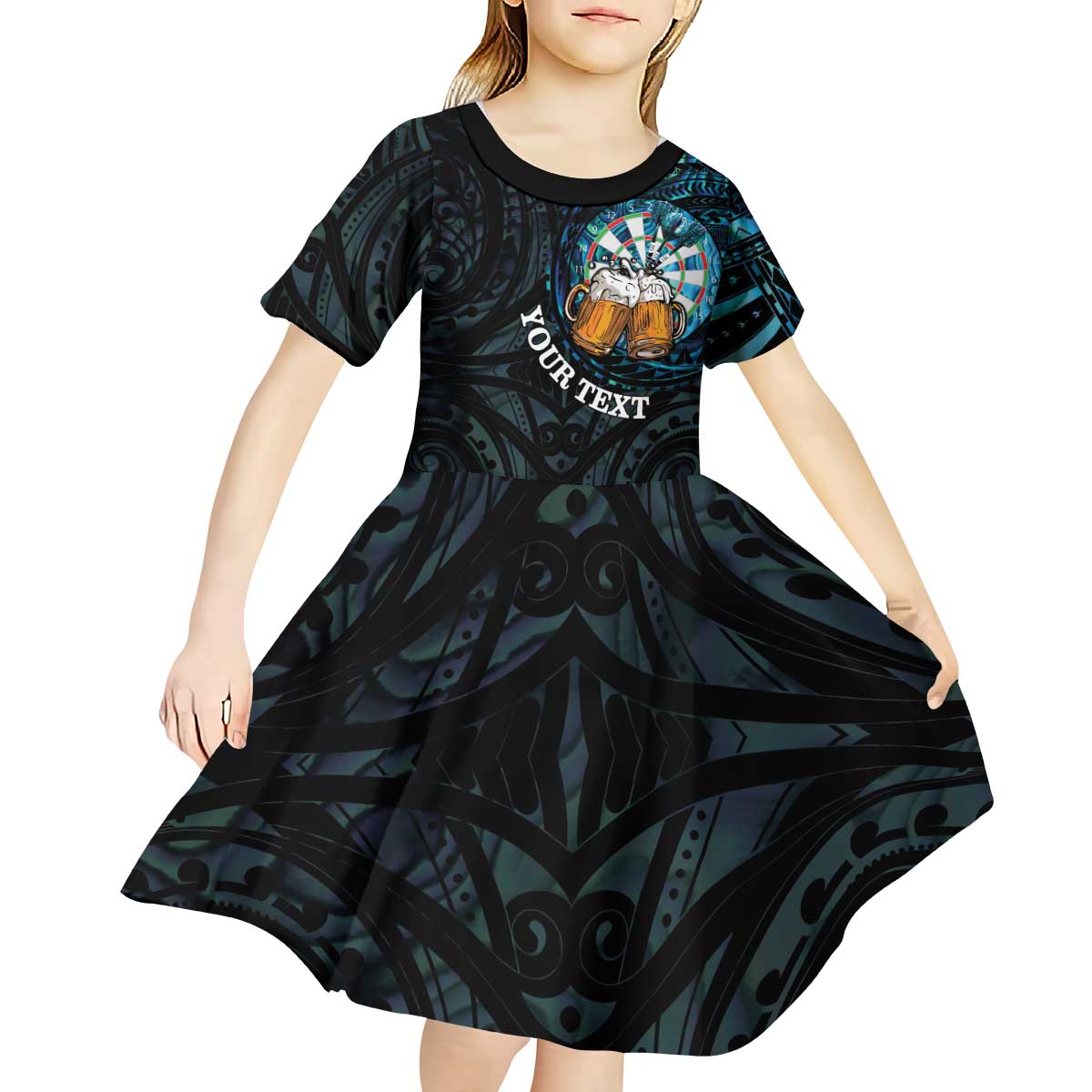 Personalized New Zealand Darts Beer Kid Short Sleeve Dress Paua Shell Aotearoa Maori Tattoo LT14 - Polynesian Pride