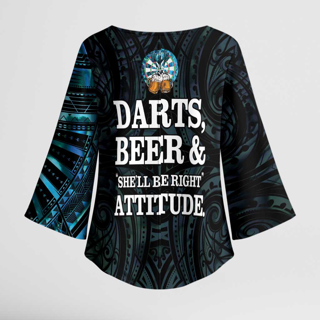 Personalized New Zealand Darts Beer Kimono Sleeve Blouse Paua Shell Aotearoa Maori Tattoo - Polynesian Pride