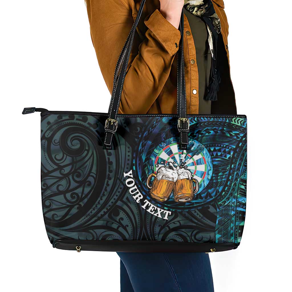 Personalized New Zealand Darts Beer Leather Tote Bag Paua Shell Aotearoa Maori Tattoo - Polynesian Pride