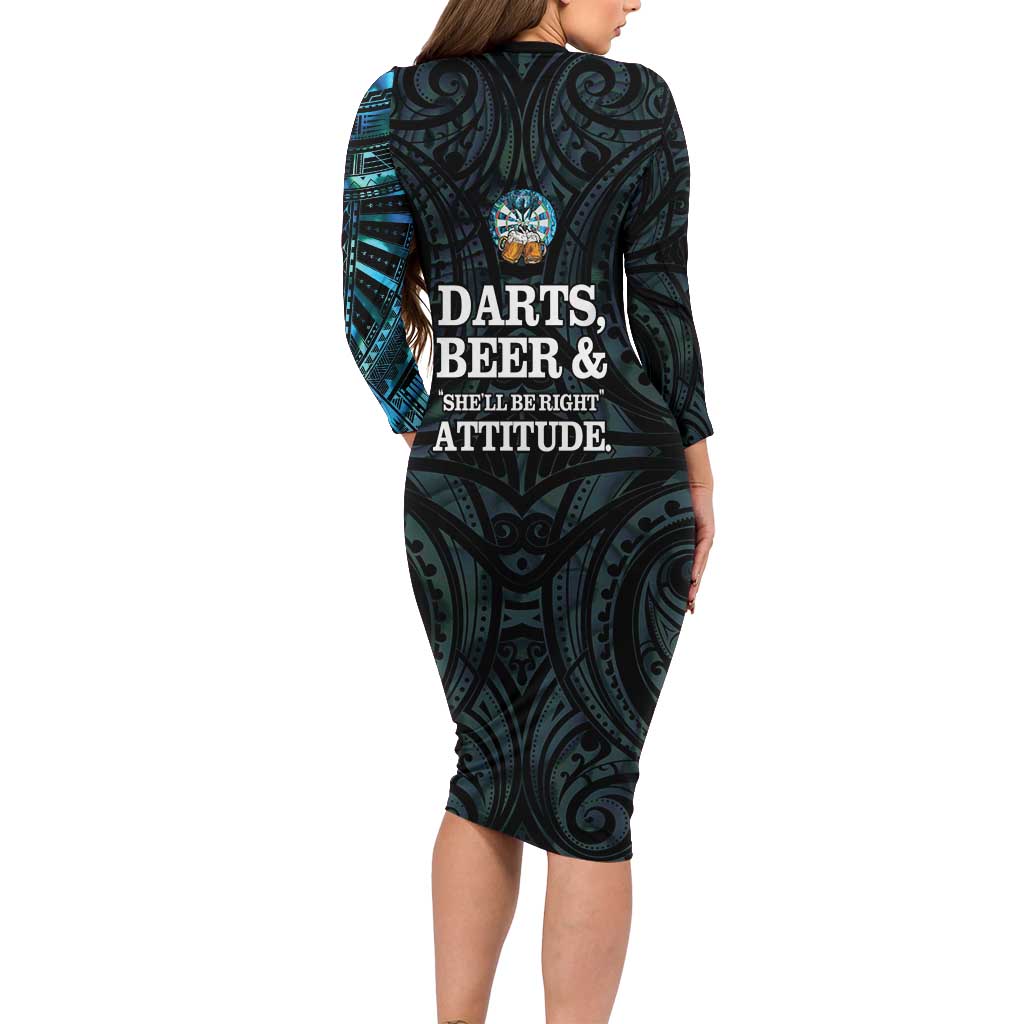 Personalized New Zealand Darts Beer Long Sleeve Bodycon Dress Paua Shell Aotearoa Maori Tattoo LT14 - Polynesian Pride