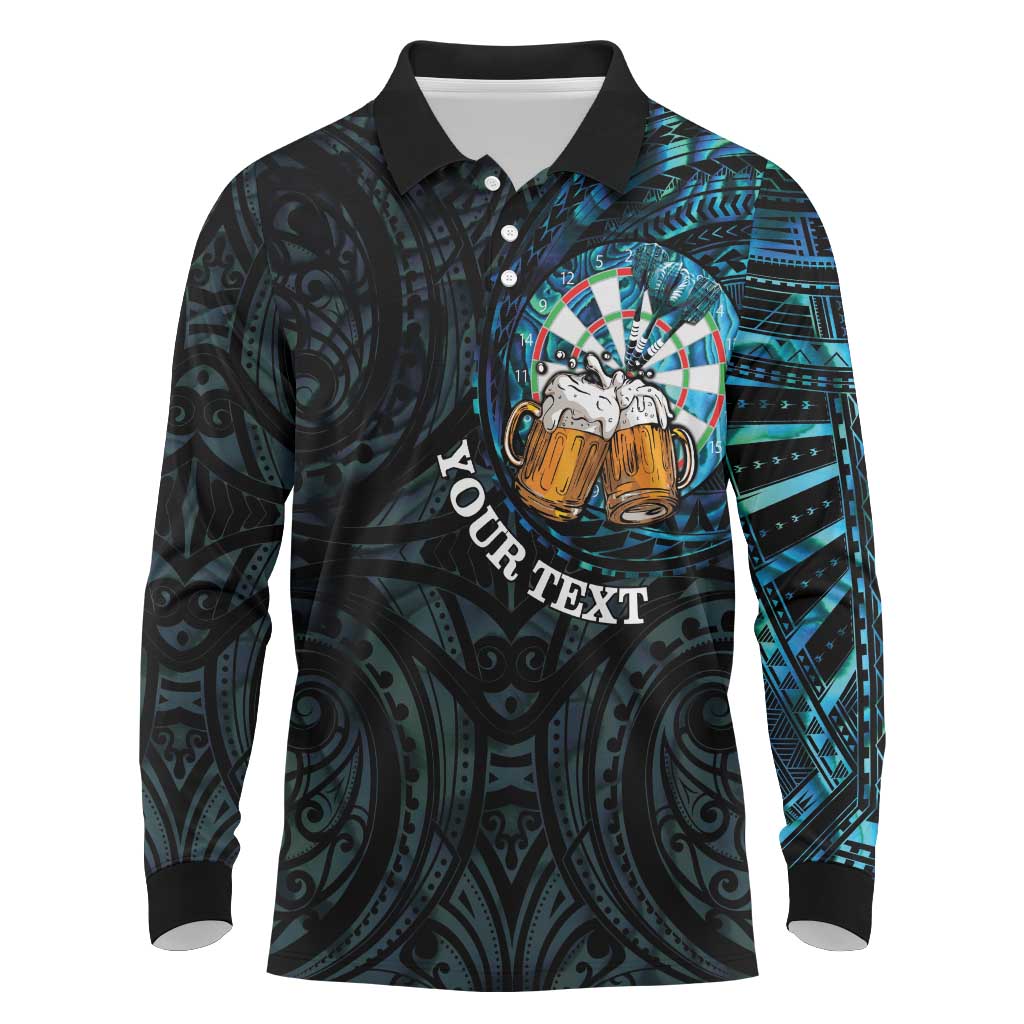 Personalized New Zealand Darts Beer Long Sleeve Polo Shirt Paua Shell Aotearoa Maori Tattoo LT14 Black - Polynesian Pride
