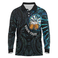 Personalized New Zealand Darts Beer Long Sleeve Polo Shirt Paua Shell Aotearoa Maori Tattoo LT14 Black - Polynesian Pride