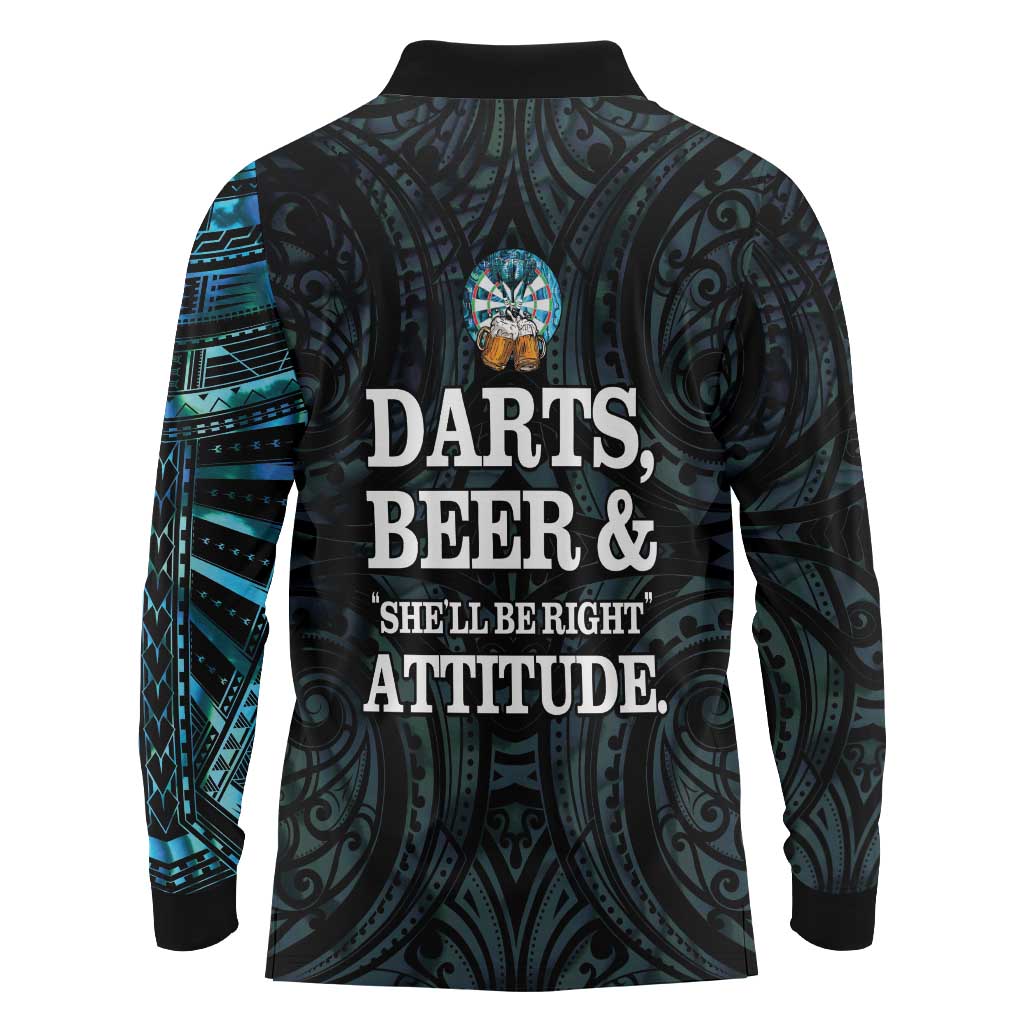 Personalized New Zealand Darts Beer Long Sleeve Polo Shirt Paua Shell Aotearoa Maori Tattoo LT14 - Polynesian Pride