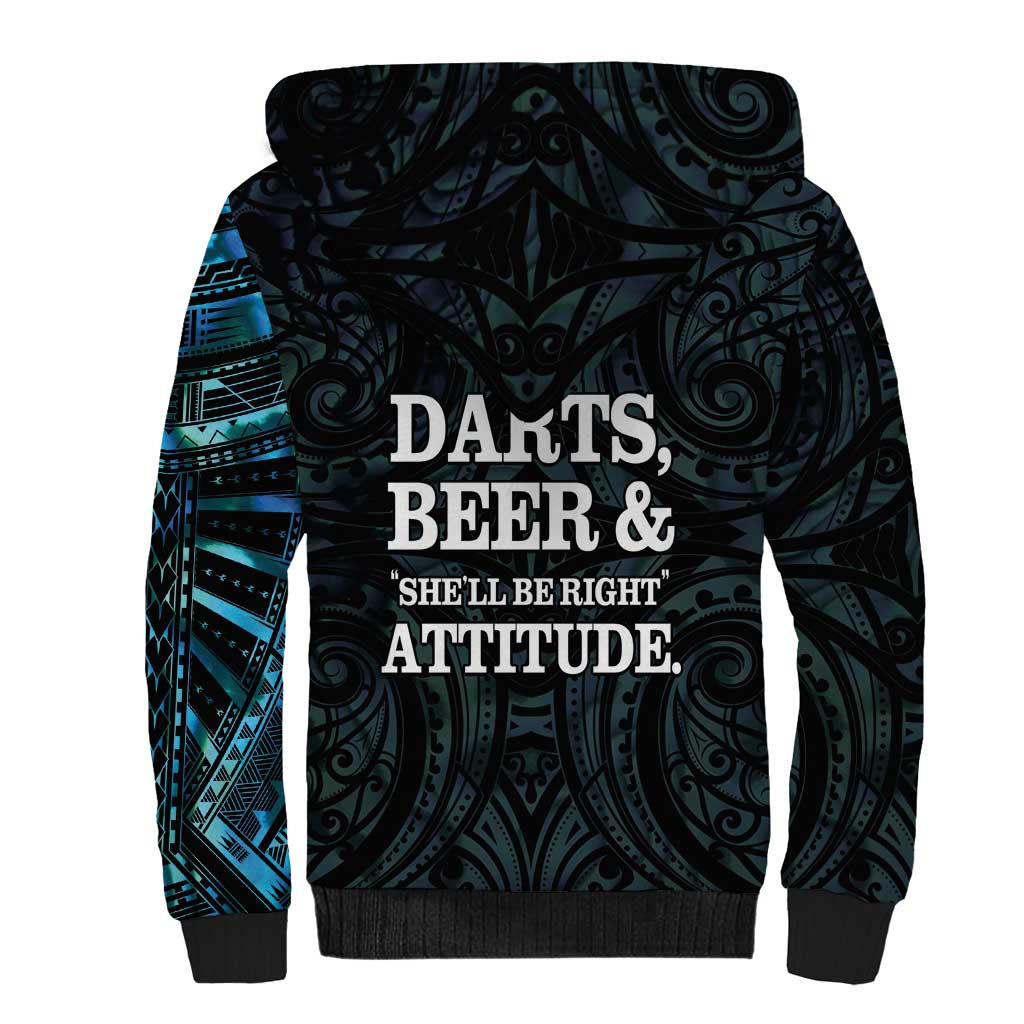 Personalized New Zealand Darts Beer Sherpa Hoodie Paua Shell Aotearoa Maori Tattoo LT14 - Polynesian Pride
