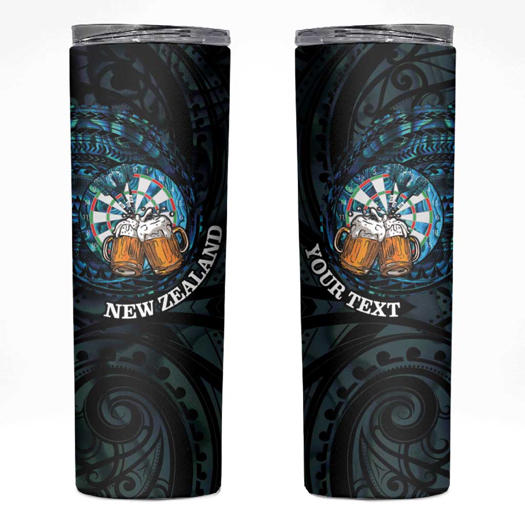 Personalized New Zealand Darts Beer Skinny Tumbler Paua Shell Aotearoa Maori Tattoo LT14 Black - Polynesian Pride