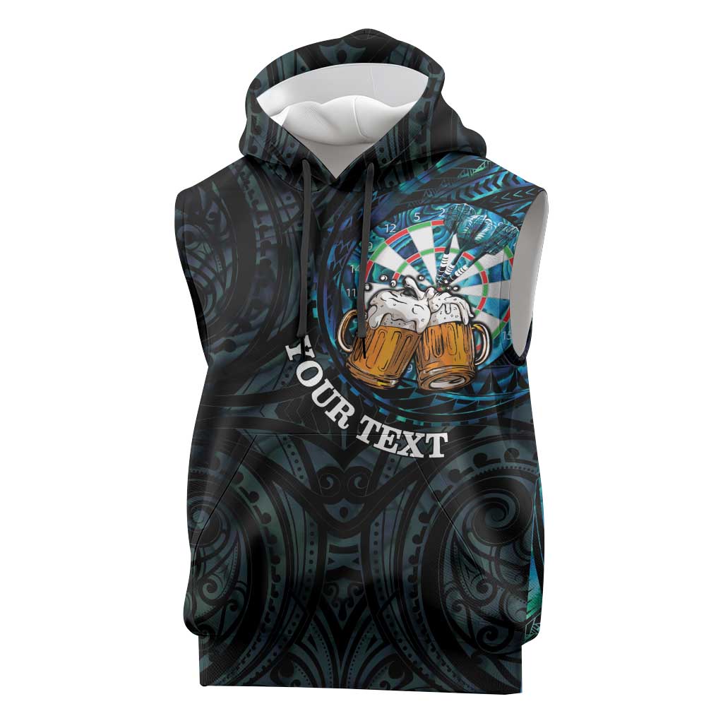 Personalized New Zealand Darts Beer Sleeveless Hoodie Paua Shell Aotearoa Maori Tattoo LT14 Black - Polynesian Pride