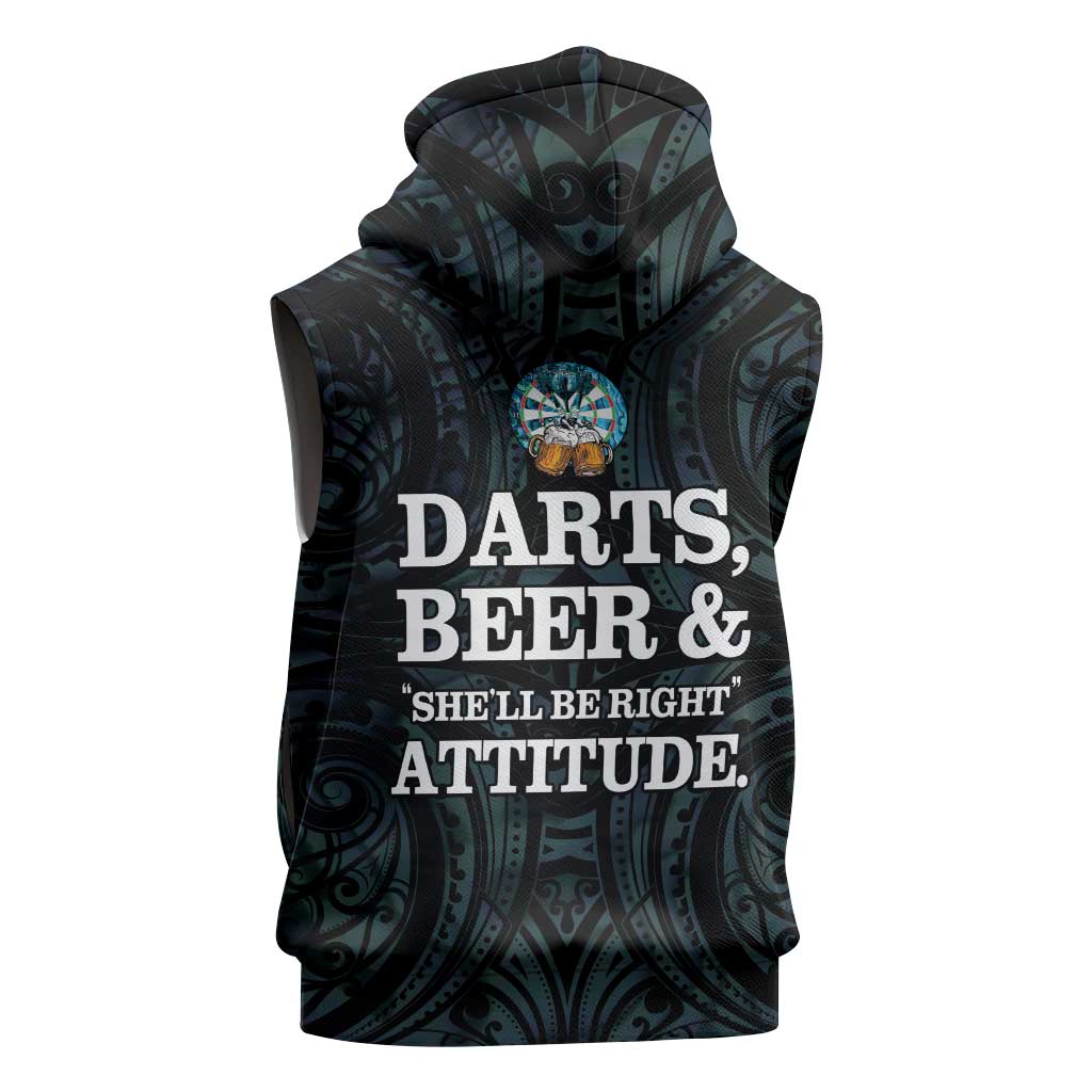 Personalized New Zealand Darts Beer Sleeveless Hoodie Paua Shell Aotearoa Maori Tattoo LT14 - Polynesian Pride