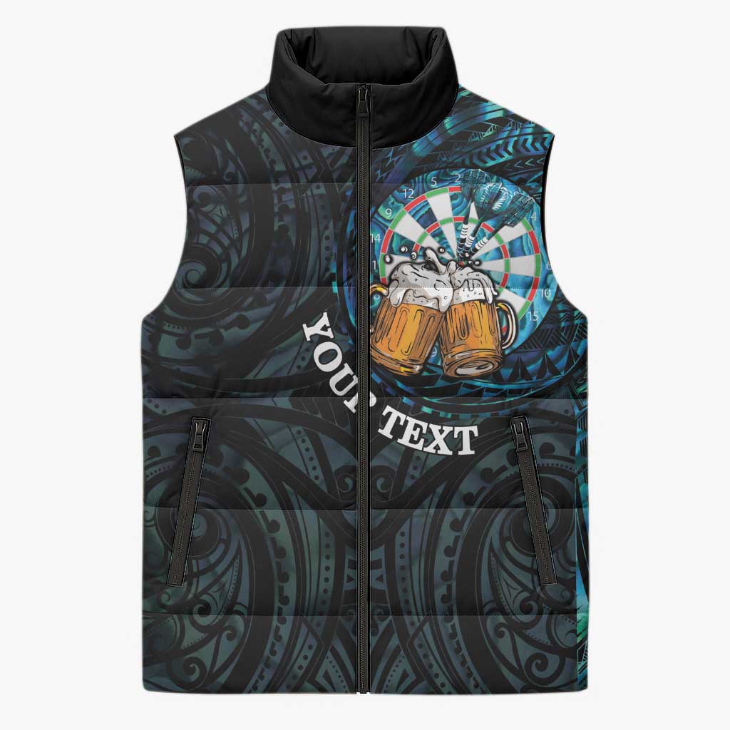 Personalized New Zealand Darts Beer Sleeveless Puffer Jacket Paua Shell Aotearoa Maori Tattoo LT14 Unisex Black - Polynesian Pride