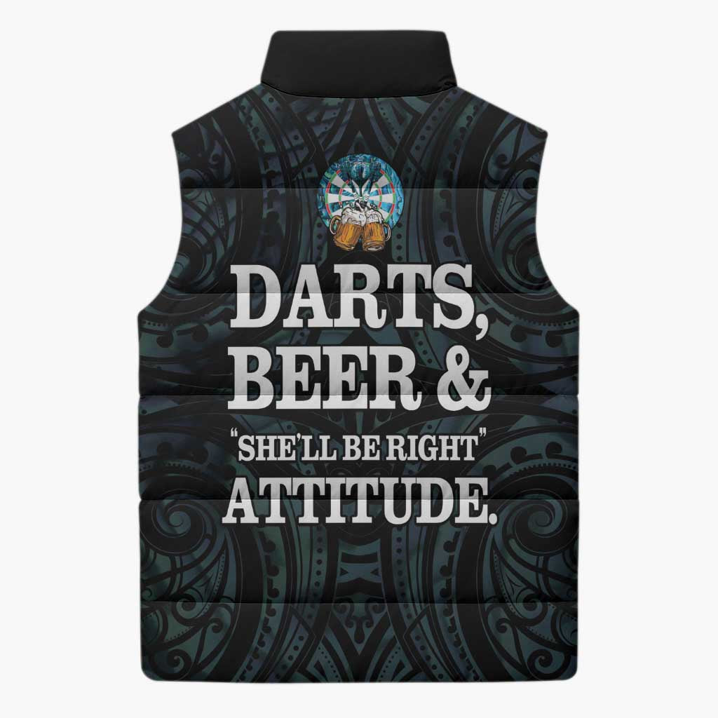 Personalized New Zealand Darts Beer Sleeveless Puffer Jacket Paua Shell Aotearoa Maori Tattoo LT14 - Polynesian Pride