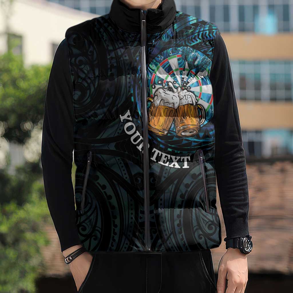 Personalized New Zealand Darts Beer Sleeveless Puffer Jacket Paua Shell Aotearoa Maori Tattoo LT14 - Polynesian Pride