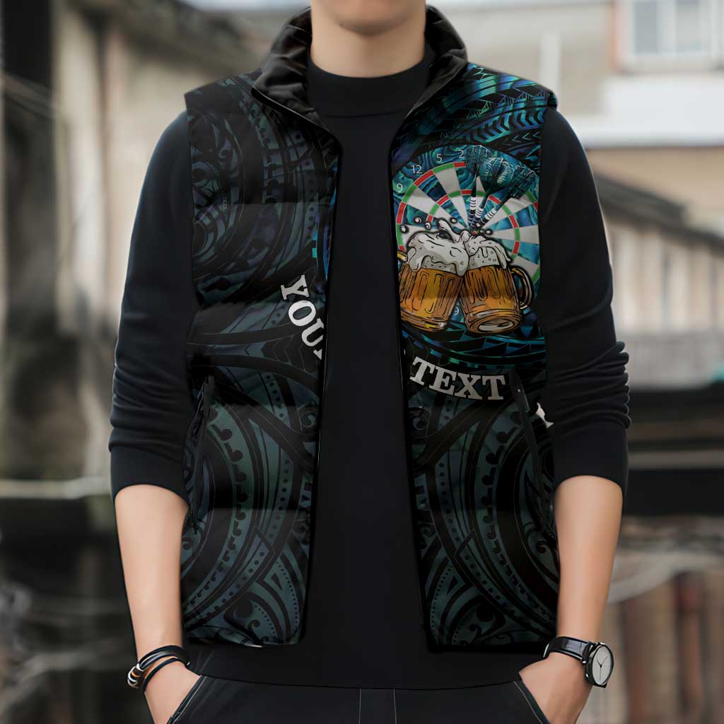Personalized New Zealand Darts Beer Sleeveless Puffer Jacket Paua Shell Aotearoa Maori Tattoo LT14 - Polynesian Pride