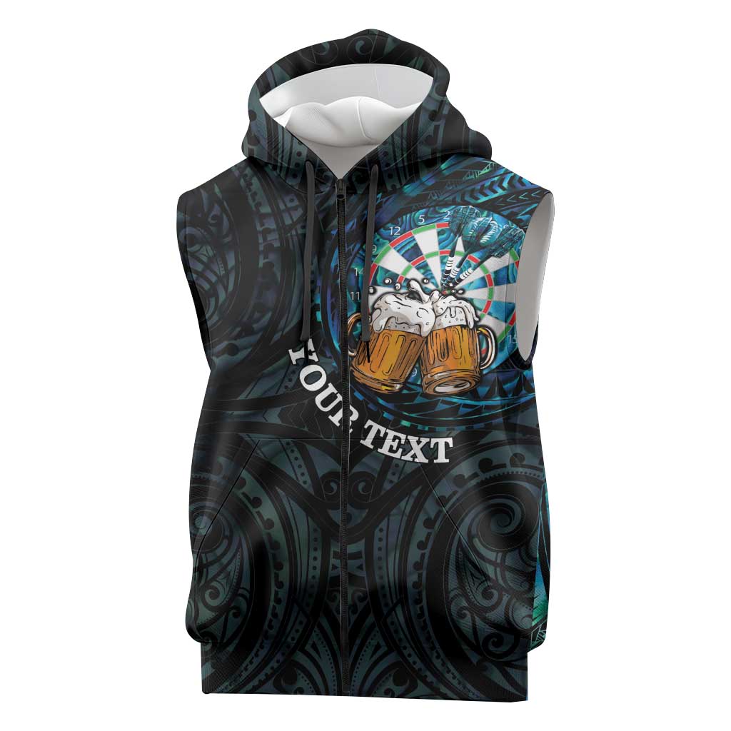 Personalized New Zealand Darts Beer Sleeveless Zip Hoodie Paua Shell Aotearoa Maori Tattoo LT14 Black - Polynesian Pride