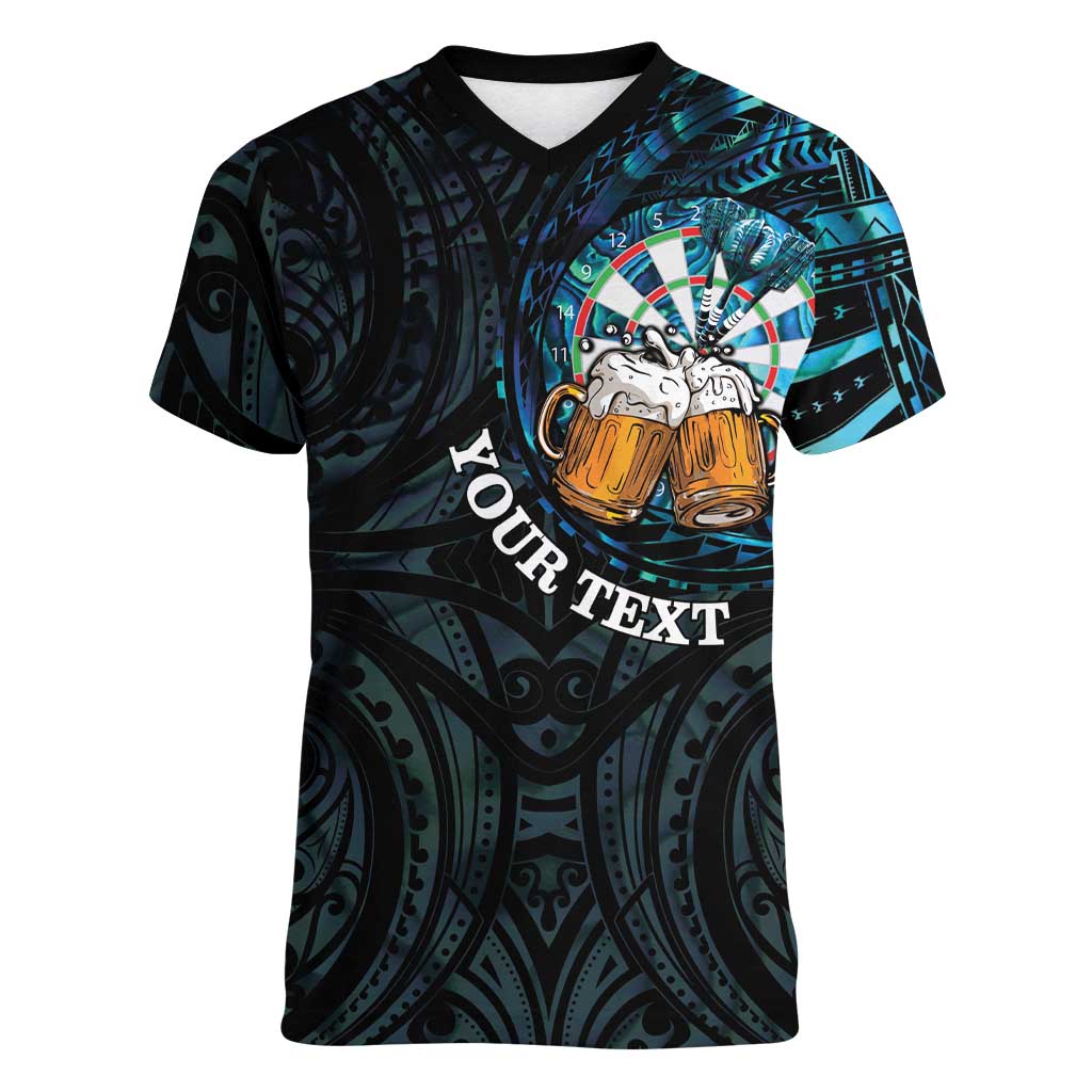 Personalized New Zealand Darts Beer Women V-Neck T-Shirt Paua Shell Aotearoa Maori Tattoo LT14 Female Black - Polynesian Pride