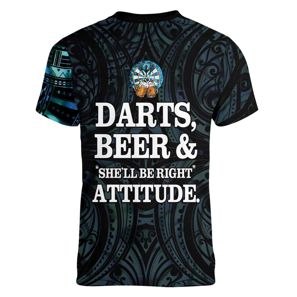 Personalized New Zealand Darts Beer Women V-Neck T-Shirt Paua Shell Aotearoa Maori Tattoo LT14 - Polynesian Pride