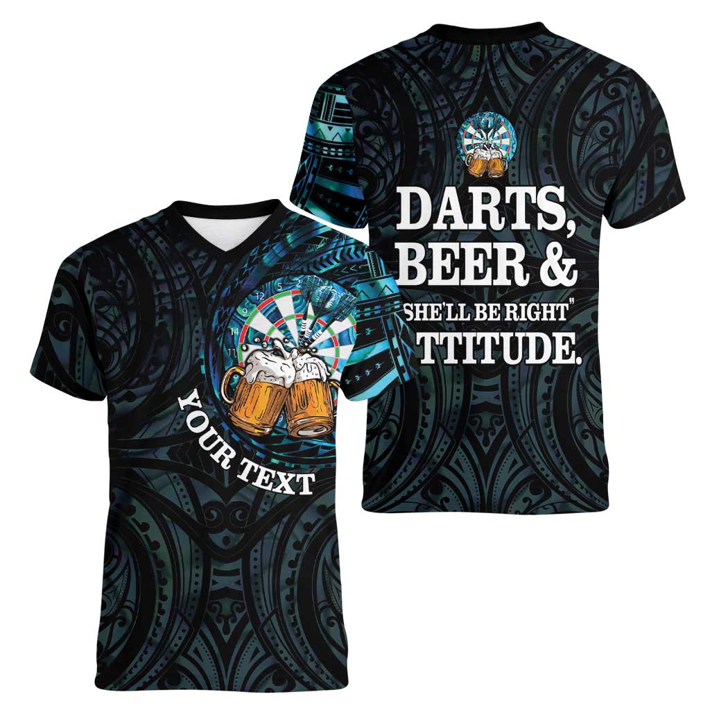 Personalized New Zealand Darts Beer Women V-Neck T-Shirt Paua Shell Aotearoa Maori Tattoo LT14 - Polynesian Pride