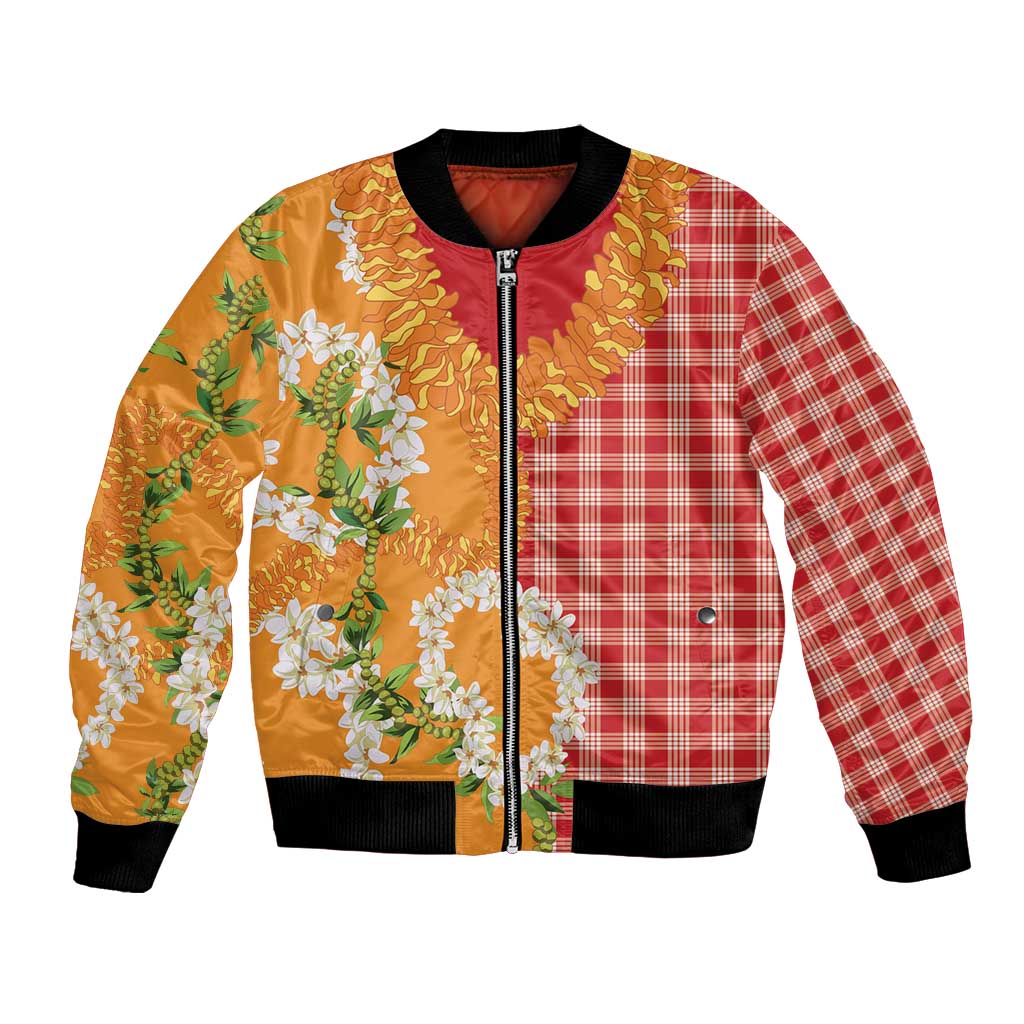 Prince Kuhio Aloha Hawaii Bomber Jacket Plumeria Ilima Lei Palaka Motifs