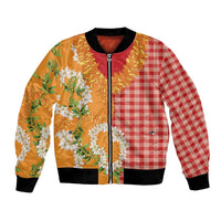 Prince Kuhio Aloha Hawaii Bomber Jacket Plumeria Ilima Lei Palaka Motifs