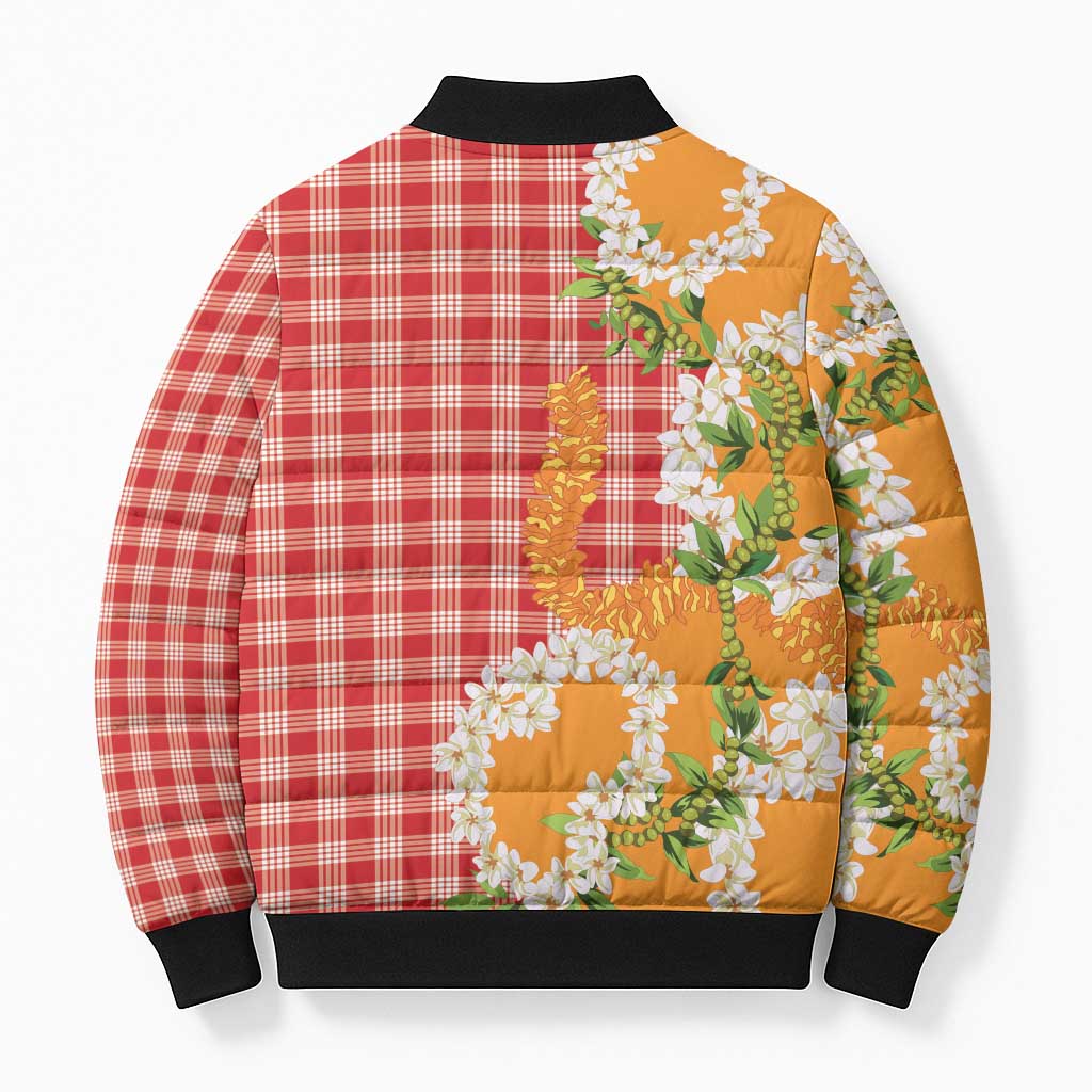 Prince Kuhio Aloha Hawaii Bomber Puffer Jacket Plumeria Ilima Lei Palaka Motifs