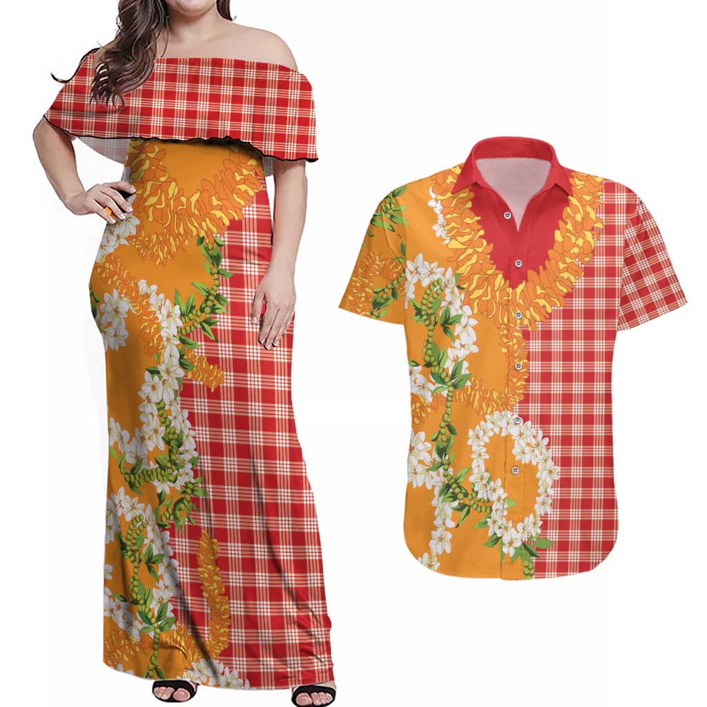 Prince Kuhio Aloha Hawaii Couples Matching Off Shoulder Maxi Dress and Hawaiian Shirt Plumeria Ilima Lei Palaka Motifs