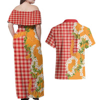 Prince Kuhio Aloha Hawaii Couples Matching Off Shoulder Maxi Dress and Hawaiian Shirt Plumeria Ilima Lei Palaka Motifs LT14 - Polynesian Pride