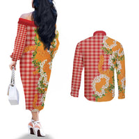 Prince Kuhio Aloha Hawaii Couples Matching Off The Shoulder Long Sleeve Dress and Long Sleeve Button Shirt Plumeria Ilima Lei Palaka Motifs LT14 - Polynesian Pride