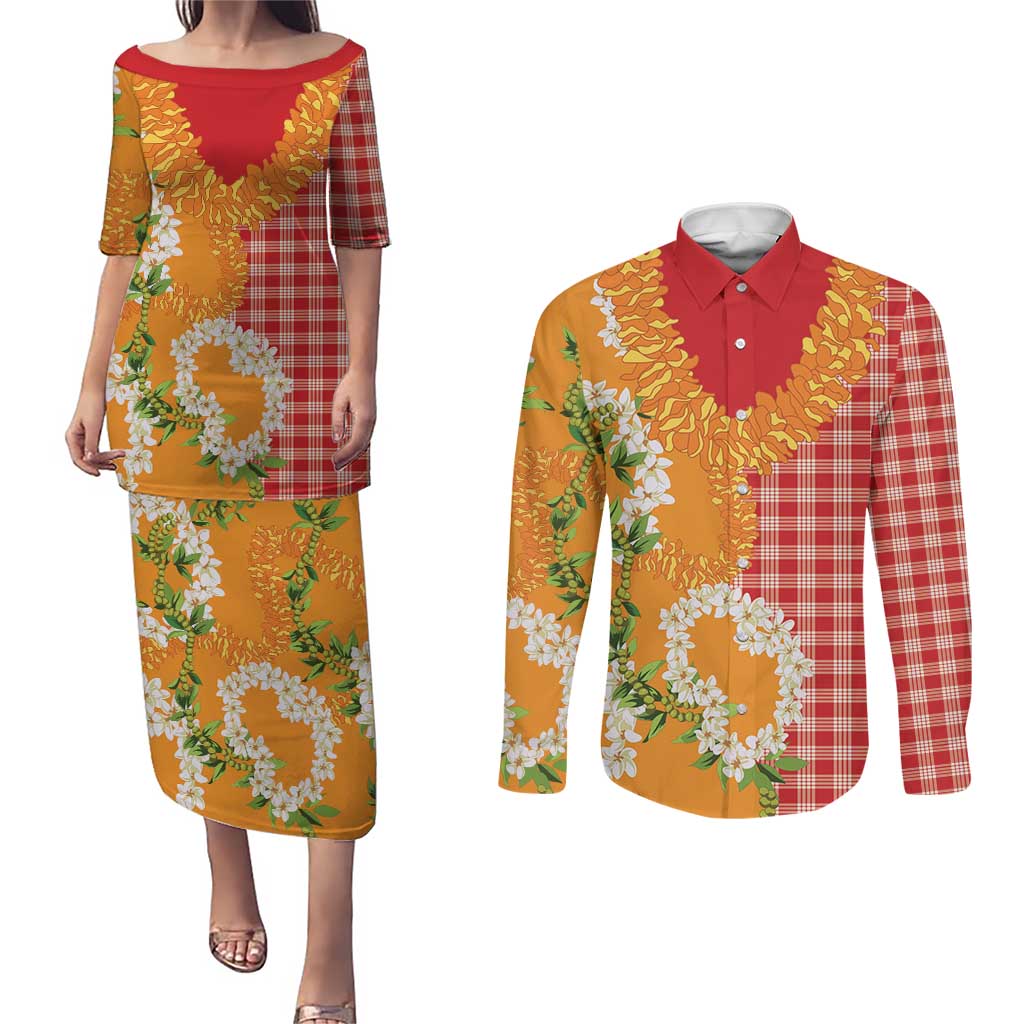Prince Kuhio Aloha Hawaii Couples Matching Puletasi and Long Sleeve Button Shirt Plumeria Ilima Lei Palaka Motifs