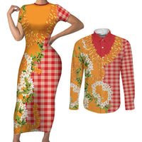 Prince Kuhio Aloha Hawaii Couples Matching Short Sleeve Bodycon Dress and Long Sleeve Button Shirt Plumeria Ilima Lei Palaka Motifs LT14 Red - Polynesian Pride