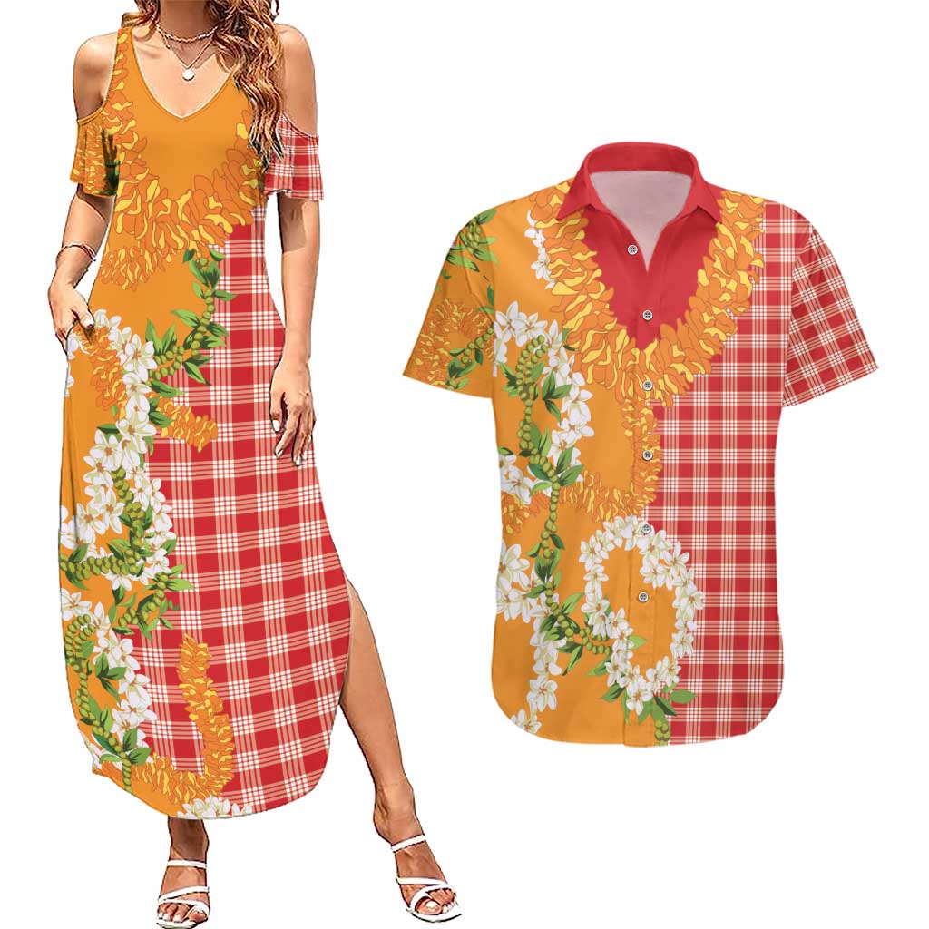 Prince Kuhio Aloha Hawaii Couples Matching Summer Maxi Dress and Hawaiian Shirt Plumeria Ilima Lei Palaka Motifs